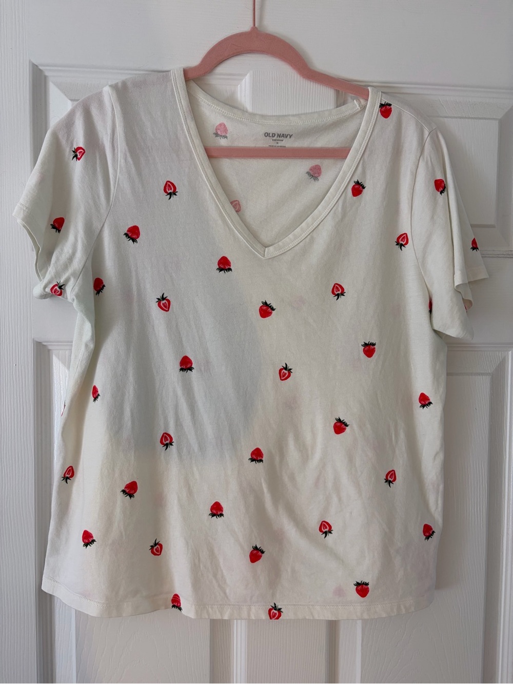 Old Navy Cream V-Neck Tee with Red Strawberry Pattern